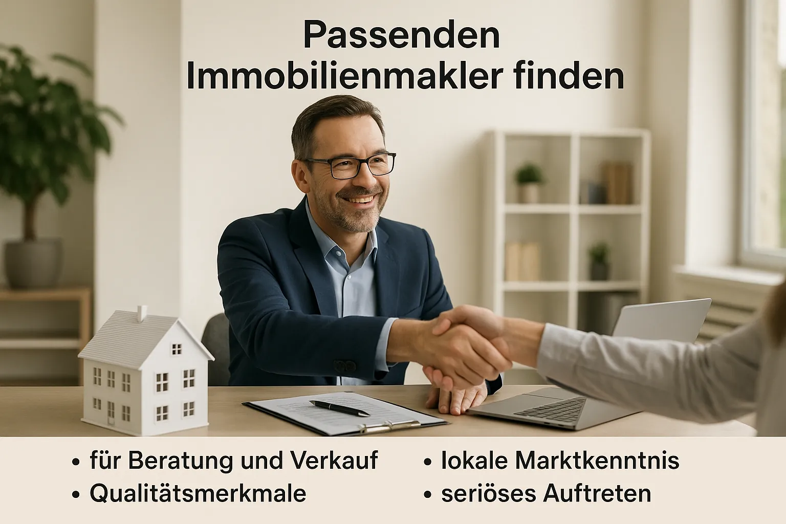 Passenden Immobilienmakler finden für Beratung und Verkauf, Qualitätsmerkmale usw., fotorealistisch, keine logos und auch nicht viel Text, seriös und dezent