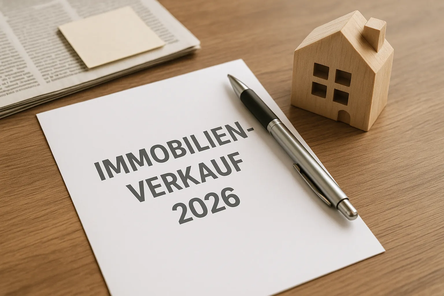 Immobilienverkauf 2026 - Info Artikel, fotorealtistisch, keine Logos oder personen. Tipp Info . Es darf nicht viel Text vorkommen wenn überhaupt "Immobilienverkauf 2026"