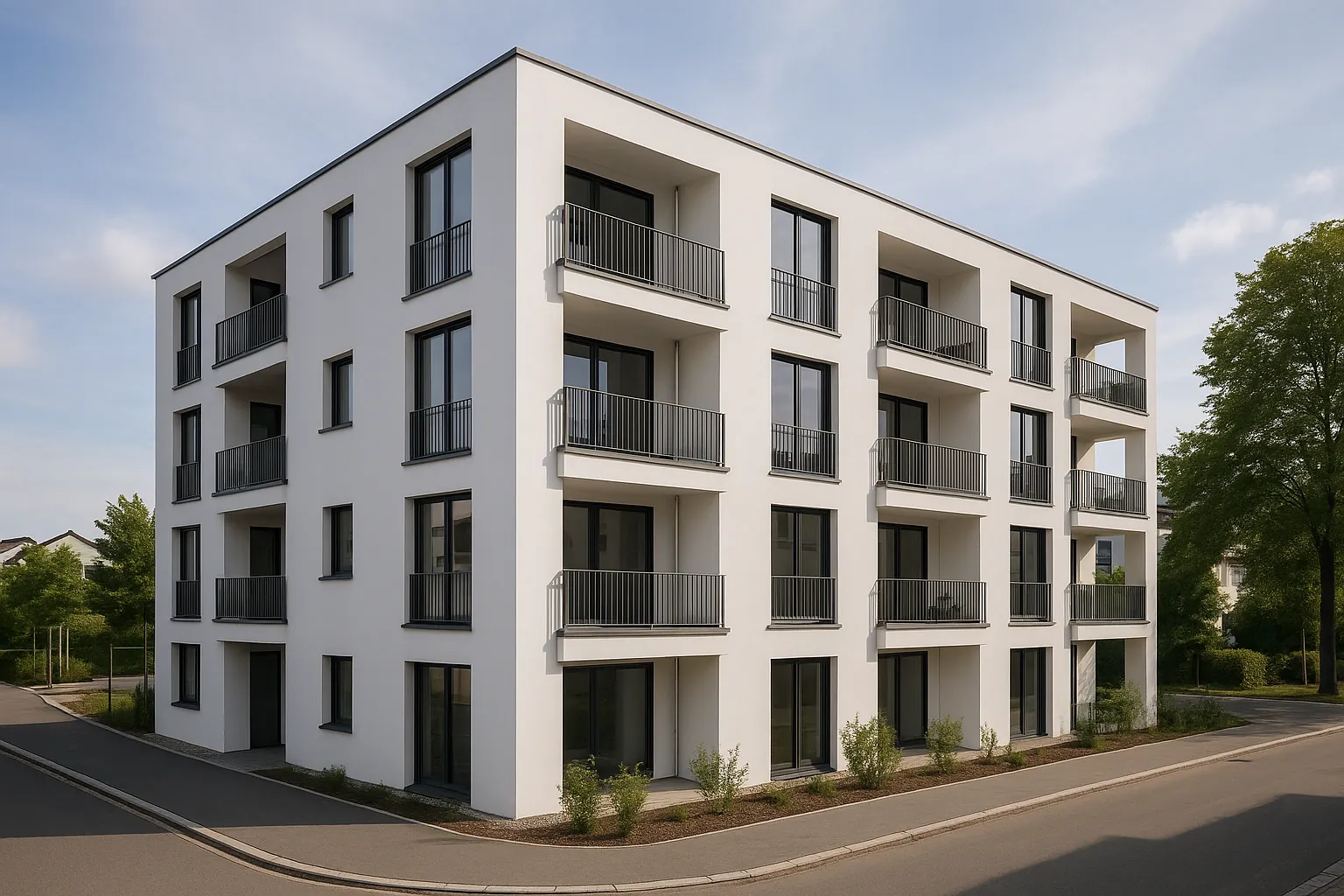 Ein Haus von einem Mehrfamilienhaus, modern, fotorealistisch, ohne Logos oder personen
